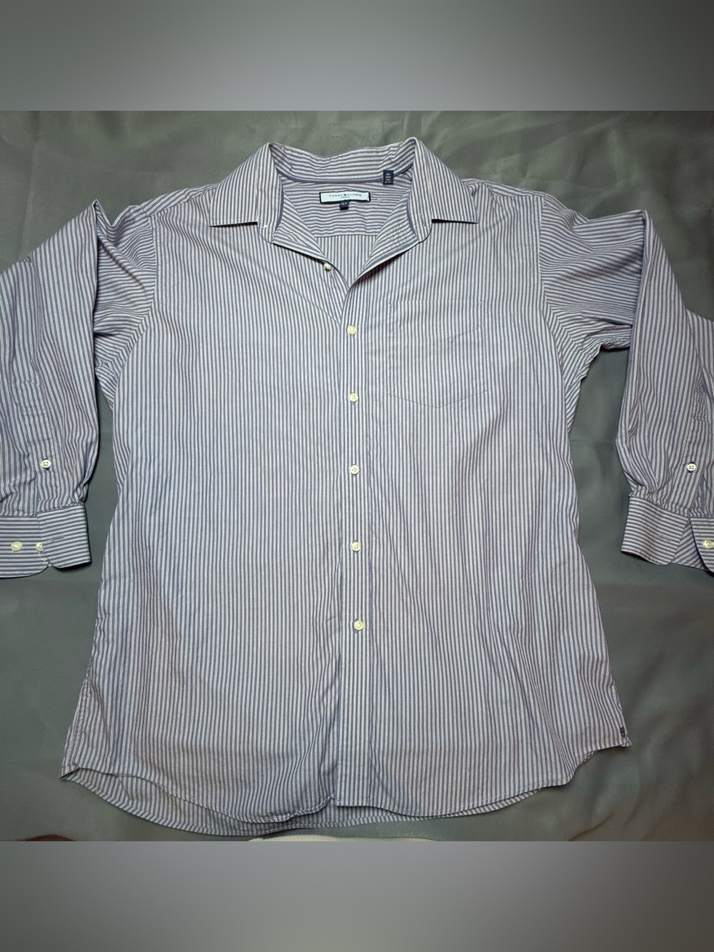 Tommy Hilfiger Red and White Narrow-Stripe Button Front Shirt-100% Cotton